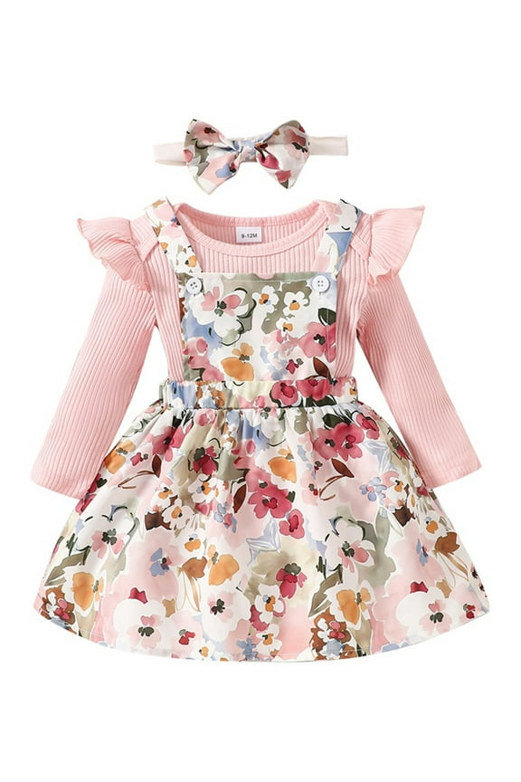 Baby Girls Outfit 3Pcs Newborn Girls Spring Fall Clothes 3 6 9 12 18 Months Infant Girls Long Sleeve Ribbed Romper Floral Print Overalls Skirt Headband Set