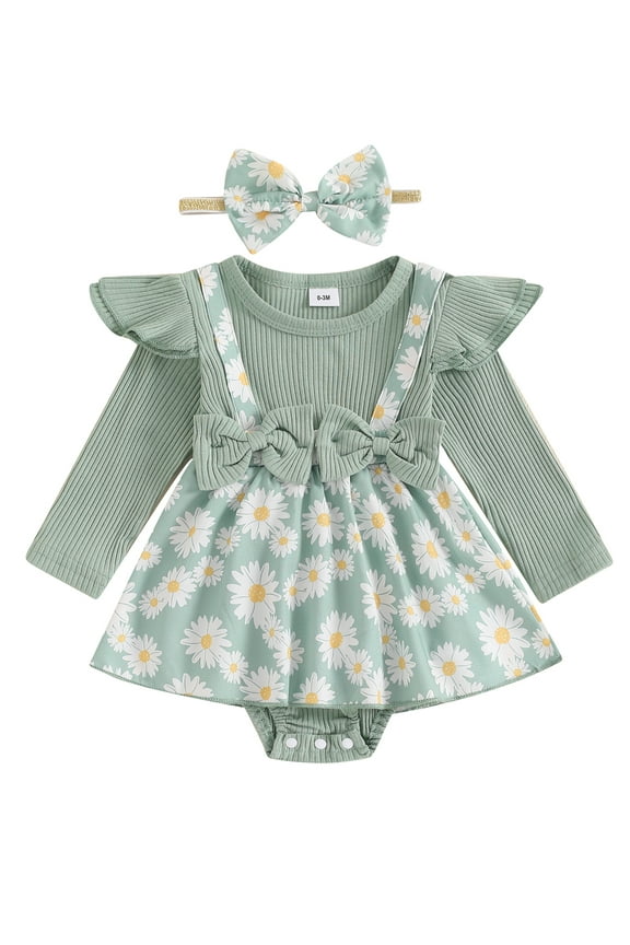 Baby Girls Outfits 2Pcs Newborn Girls Spring Fall Clothes 3 6 9 12 18 Months Infant Girls Long Sleeve Flower Print Romper Dress + Headband Set