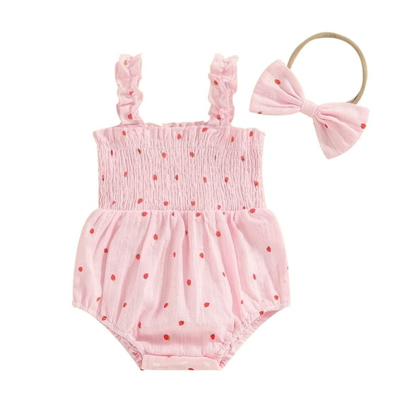Suealasg Baby Girls Outfits 3 6 12 18 Months Strawberry Print Sleeveless Romper and Headband Set 2Pcs Infant Summer Clothes