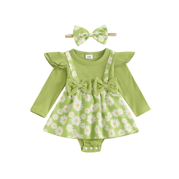 Suealasg Baby Girls Outfits Newborn Girls Spring Fall 2Pcs Clothes 3 6 9 12 18 Months Infant Girls Long Sleeve Daisy Print Romper Dress + Headband Set