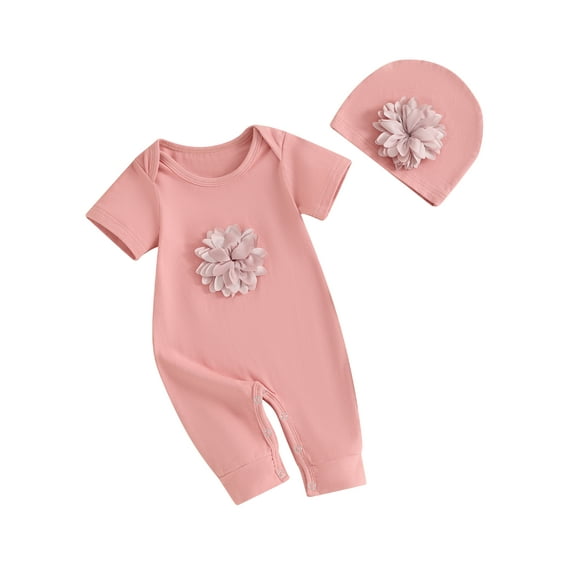 Suealasg Baby Girls Outfits Short Sleeve Round Neck 3D Flower Print Jumpsuit Bodysuits with Hat Newborn Infant Summer One Piece Clothes