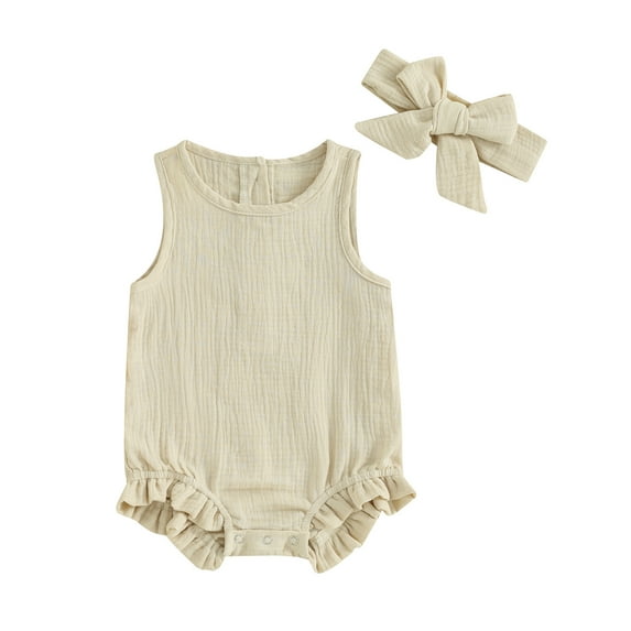 Suealasg Baby Girls Outfits Solid Color Sleeveless Romper Bodysuits + Headband Set 2Pcs Newborn Summer Clothes