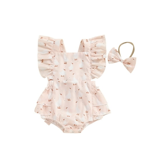 Suealasg Baby Girls Playsuits Ruffled Bodysuit+Headband Fly Sleeve Duck Print Romper Jumpsuit Infant Summer Clothes
