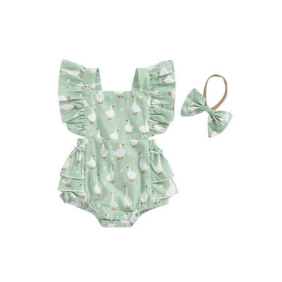 Suealasg Baby Girls Playsuits Ruffled Bodysuit+Headband Fly Sleeve Duck Print Romper Jumpsuit Infant Summer Clothes