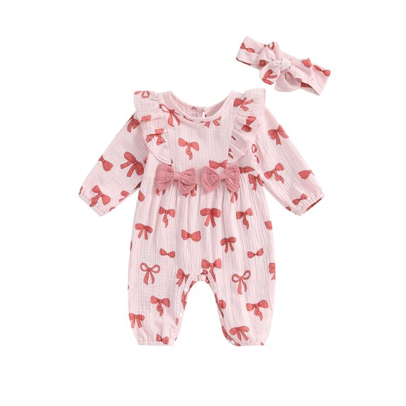 Suealasg Baby Girls Rompers Bowknot Print Round Neck Long Sleeve Bodysuits + Headband Infant Girls Fall Clothes 0-12 Months