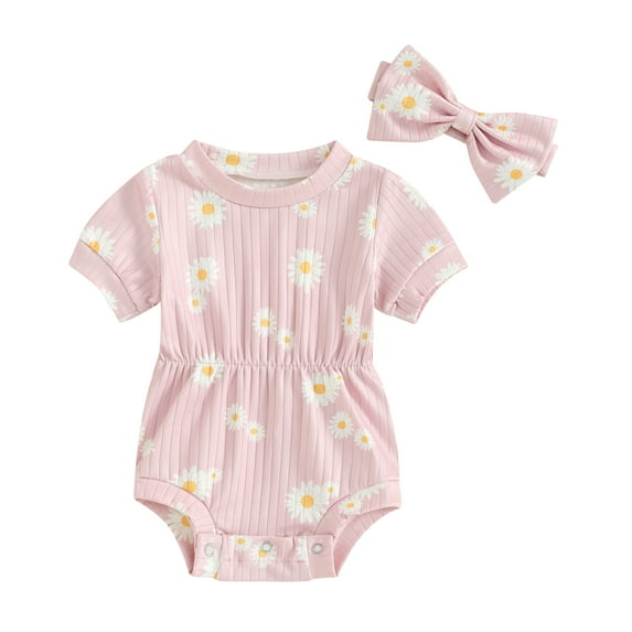 Suealasg Baby Girls Rompers Daisy Print Short Sleeve Round Neck Bodysuits and Headband Set 3 6 9 12 18 Months Infant Summer 2Pcs Clothes