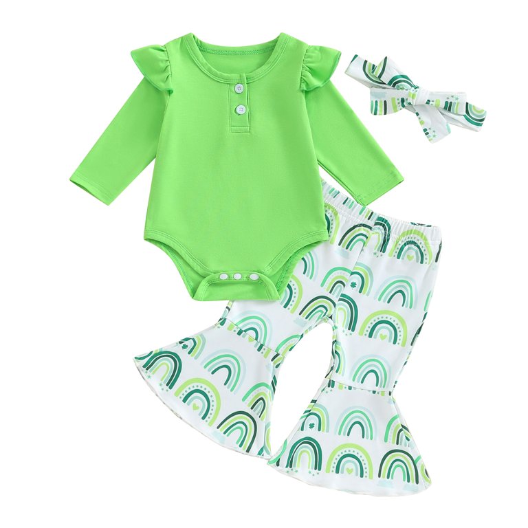 Baby Girl St. Patrick's Day Outfit 3-Piece Set - Green Clover Bodysuit, Flare Pants & Headband (12-18 Months)