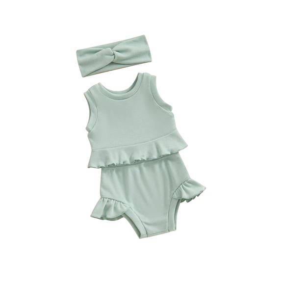 Suealasg Baby Girls Shorts Outfits Infant Girls Sleeveless Ribbed Tank Vest and Elastic Waist Skirt Ruffle Shorts +Headband 3Pcs Summer Clothes Set