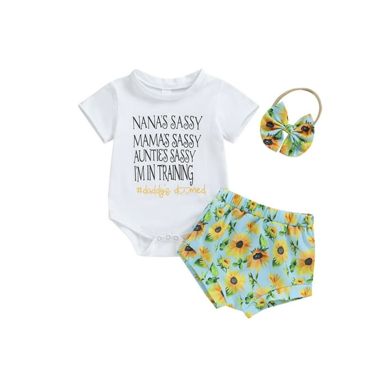Suealasg Baby Girls Shorts Set Outfits 3 6 9 12 18 Months Infant Short Sleeves Letter Print Romper +Flower Shorts +Headband Set Newborn Summer 3Pcs Clothes