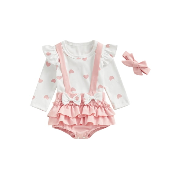 Suealasg Baby Girls Spring 3Pcs Outfits Sets 3M 6M 12M 18M 24M Infant Girls Birthday Clothes Long Sleeve Heart Print Tops Tiered Ruffle Suspender Shorts Headband Sets