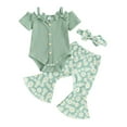 thumbnail image 1 of Suealasg Baby Girls Spring Clothes Short Sleeve Bow Front Romper + Flare Pants + Headband Set 3-piece Newborn Girls Outfits, 1 of 1