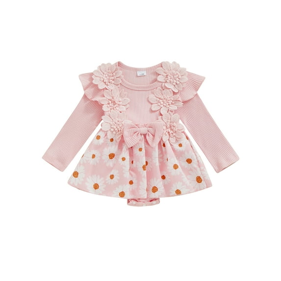 Suealasg Baby Girls Spring Fall Clothes 1 3 6 9 12 18 Months Infant Girls Floral Print Long Sleeve Romper Dress 0-18M