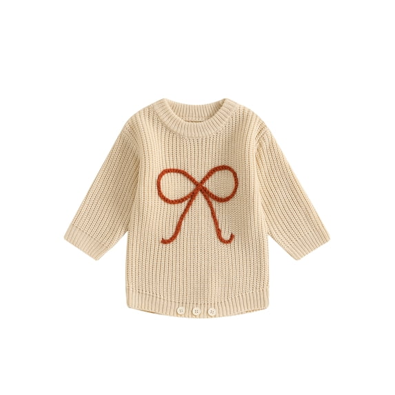 Suealasg Baby Girls Spring Fall Sweater Rompers Bow Embroidered Round Neck Long Sleeve Bodysuits Jumpsuits