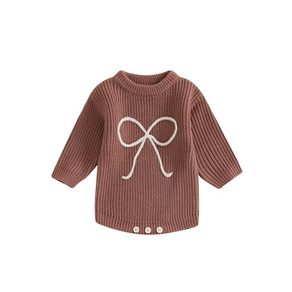 Suealasg Baby Girls Spring Fall Sweater Rompers Bow Embroidered Round Neck Long Sleeve Bodysuits Jumpsuits