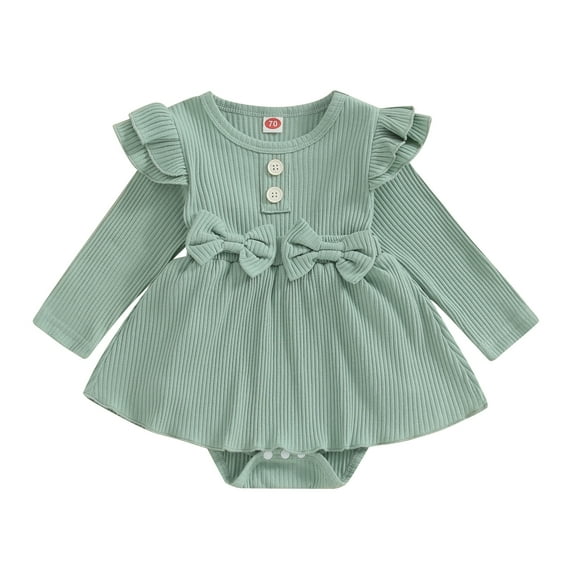 Suealasg Baby Girls Spring Romper Dress 6M 12M 18M 24M Infant Girls Long Sleeve Ruffle Solid Color Ribbed Romper with Bow Decor