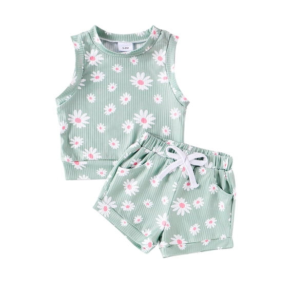 Suealasg Baby Girls Summer 2Pcs Outfits Set 3M 6M 9M 12M 18M 24M Short Sleeve Daisy Print Tank Tops and Elastic Waist Shorts Casual Clothes for Newborn Girls