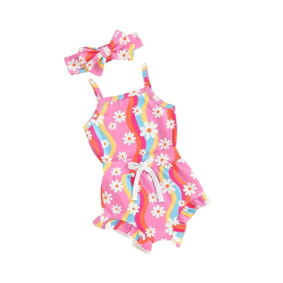 Suealasg Baby Girls Summer 3Pcs Shorts Set 3M 6M 12M 18M Infant Girls Flower Print Sleeveless Camisole Romper Tops +Elastic Shorts+ Headband Set