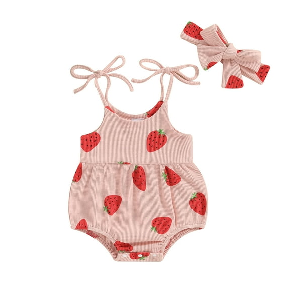 Suealasg Baby Girls Summer Clothes 3M 6M 12M 18M 24M Sleeveless Strawberry Print Romper Tops +Headband 2Pcs Newborn Girls Casual Bodysuit Outfits