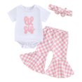 thumbnail image 1 of Suealasg Baby Girls Summer Clothes 3M 6M 12M 18M Short Sleeve Letter Print Romper Tops +Plaid Flare Pants +Headband 3Pcs Infant Girls Casual Beach Vacation Outfits, 1 of 8