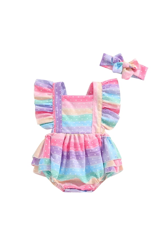 Baby Girls Summer Outfit Flying Sleeve Crew Neck Gradient Rainbow Stripe Romper Bodysuit +Headband 6M 9M 12M 18M Cute Newborn Girls One Piece Clothes