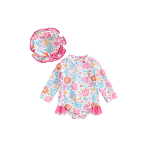 Suealasg Baby Girls Summer Romper Swimwear 3 6 12 18 24 Months Long Sleeve Animal/Donut Print One Piece Swimsuit with Hat Infant Girls Summer Bathing Suit