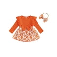 thumbnail image 1 of Suealasg Baby Girls Thanksgiving Outfit 3 6 9 12 18 Months Infant Girls Long Sleeve Turkey Pumpkin Print Romper Dress + Headband Set 2Pcs Newborn Girl Fall Clothing, 1 of 7