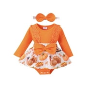 Suealasg Baby Girls Thanksgiving Outfits Clothes 3M 6M 9M 12M Infant Girls Long Sleeve Pumpkin Turkey Print Romper Dress+Headband 2Pcs Thanksgiving Day Clothing for Newborn Girls