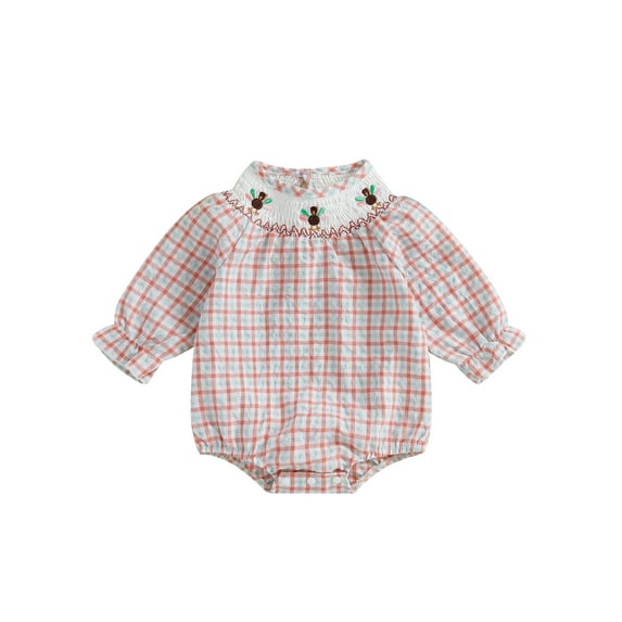 Suealasg Baby Girls Thanksgiving Romper Turkey Embroidered Plaid Long Sleeve Jumpsuits for Newborn Infant Toddler Fashion Clothes