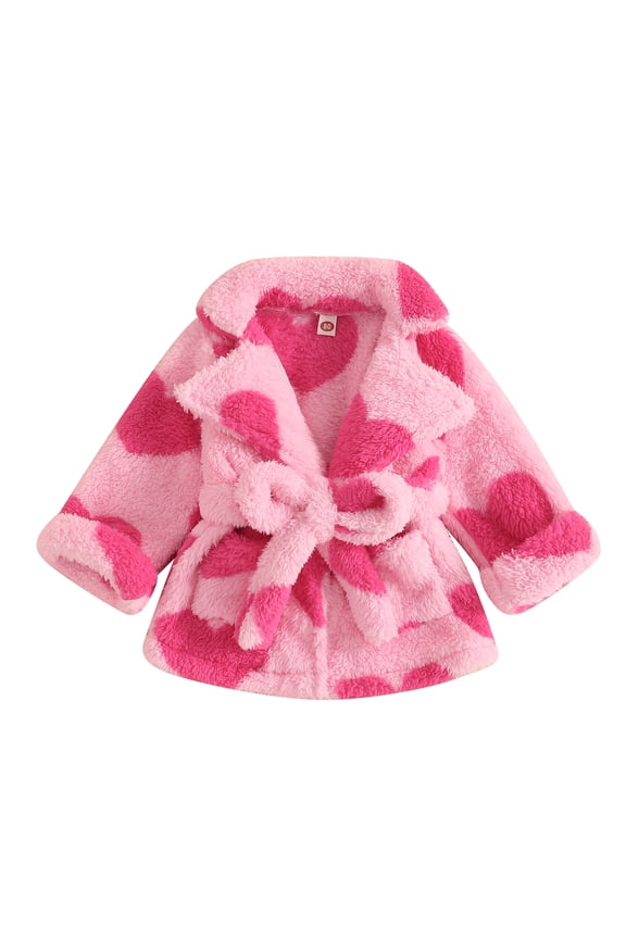 Baby Girls Valentine's Day Bathrobe Heart Fuzzy Long Sleeve Wrap Tie Waist Kimono Robe Loungewear Nightgown