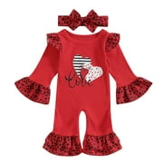 Suealasg Baby Girls Valentine’s Day Jumpsuit 3M 6M 9M 12M 18M Toddler Girls Spring One Piece Bodysuits Infant Girls Long Sleeve Round Neck Heart Print Romper Headband