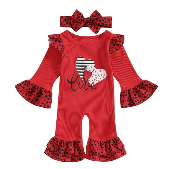 Suealasg Baby Girls Valentine’s Day Jumpsuit 3M 6M 9M 12M 18M Toddler Girls Spring One Piece Bodysuits Infant Girls Long Sleeve Round Neck Heart Print Romper Headband