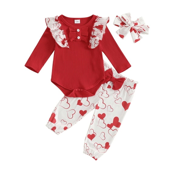 Suealasg Baby Girls Valentine's Day Pants Sets Long Sleeve Romper Heart Clover Print Pants Headband Sets 3 6 12 18 Months Infant Spring Casual Outfits