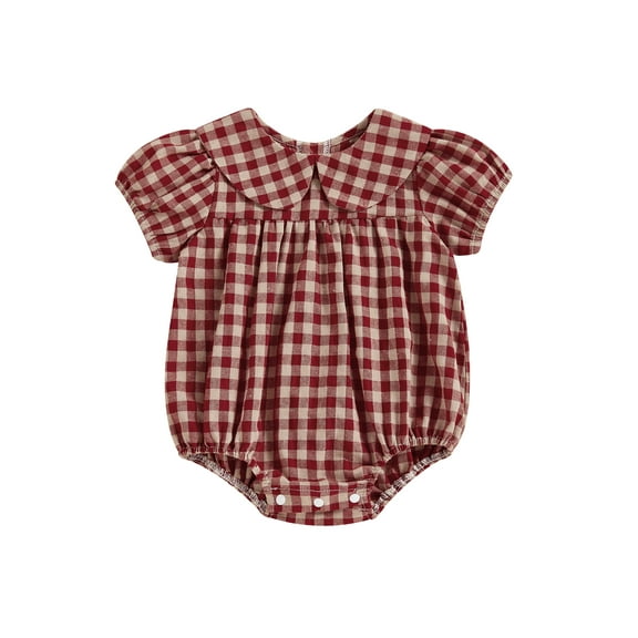 Suealasg Baby Girls Valentine’s Day Romper Short Sleeve Doll Collar Plaid Print Bodysuit Newborn Summer Playsuit Clothes