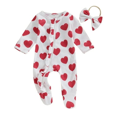 Suealasg Baby Girls Valentines Day Outfit Long Sleeve Crew Neck Heart Print Zipped Footies Jumpsuit Headband 3M 6M Infant Spring Clothes