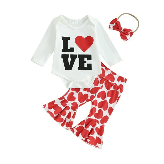 Suealasg Baby Girls Valentines Day Outfits Clothes 3M 6M 9M 12M 18M Toddler Girls Long Sleeve Letter Print Sweatshirt+Heart Flare Pants+ Headband 3Piece Spring Fall Clothing for Toddler Girl