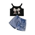 thumbnail image 1 of Suealasg Baby Toddler Girl Shorts Set Bow Spaghetti Strap Tops Solid Denim Skorts 2 Piece Summer Outfit, 1 of 9