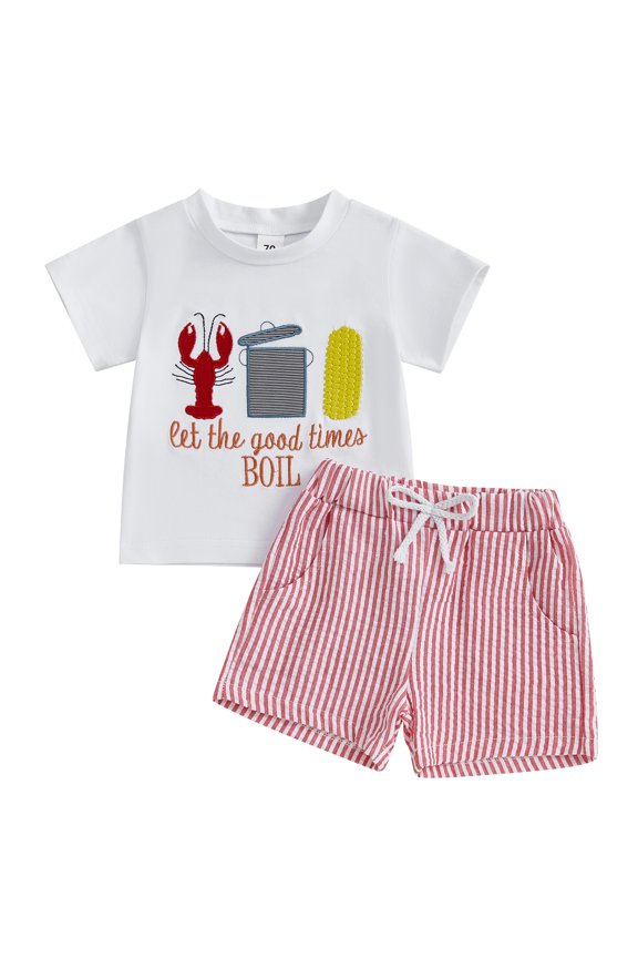 Boys Summer Shorts Sets Short Sleeve O Neck Lobster Corn Print Tops and Striped Shorts