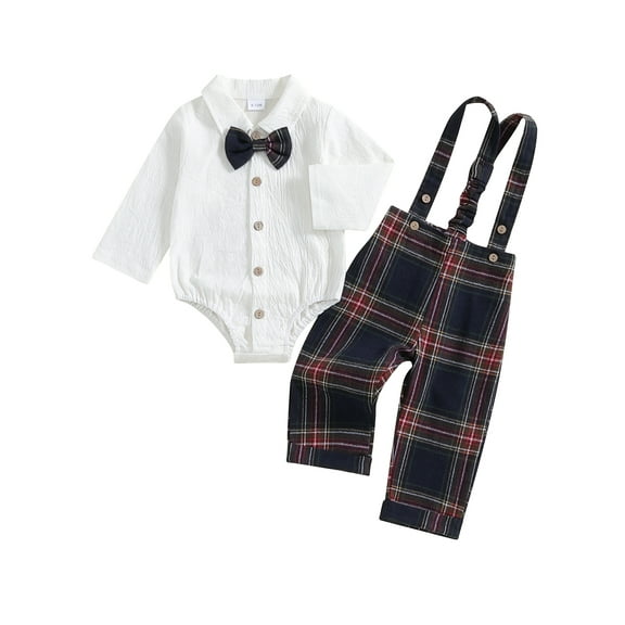 Suealasg Christmas Newborn Baby Boy Gentleman Outfit Long Sleeve Lapel Neck Romper  Plaid Suspender Pants   Bow Tie 0 6 9 12 18 Months Infant Boys Fall Winter 3Pcs Clothes Set