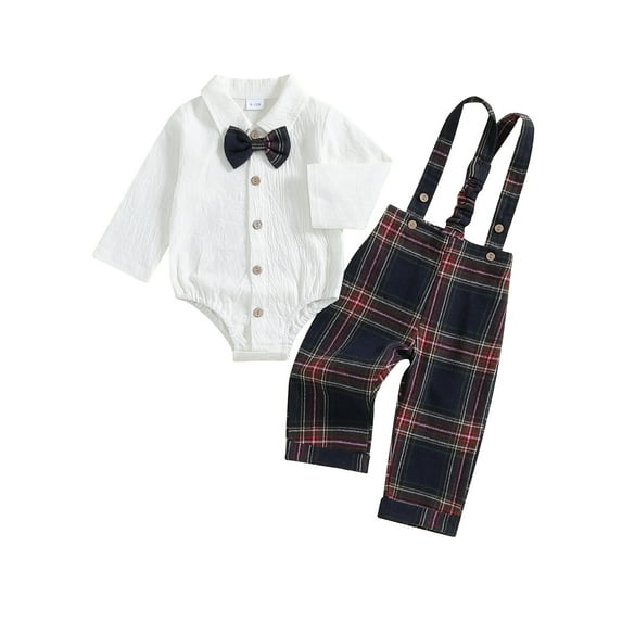 Suealasg Christmas Newborn Baby Boy Gentleman Outfit Long Sleeve Lapel Neck Romper+ Plaid Suspender Pants + Bow Tie 0 6 9 12 18 Months Infant Boys Fall Winter 3Pcs Clothes Set