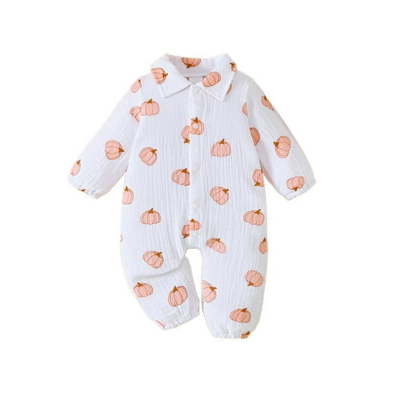 Suealasg Halloween Baby Boys Girls Footie Jumpsuit Clothes Long Sleeve Lapel Neck Pumpkin Print Full Length Jumpsuit 6 12 18 24 Months Infant Fall Winter Clothes
