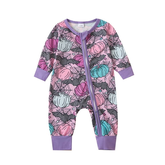 Suealasg Halloween Baby Girl Boy Pajamas Rompers Long Sleeve Pumpkin Print One-Piece Pajamas Infant Footie Pjs Newborn Zip Up Full Length Jumpsuits Sleepwear