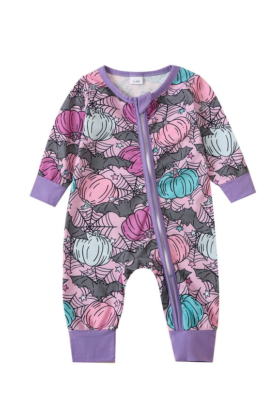 Halloween Baby Girl Boy Pajamas Rompers Long Sleeve Pumpkin Print One-Piece Pajamas Infant Footie Pjs Newborn Zip Up Full Length Jumpsuits Sleepwear