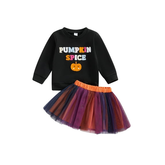 Suealasg Halloween Little Girls Skirt Outfits Kids Toddler Girls Fall Winter 2Pcs Clothes 6M 1T 2T 3T 4T Pumpkin Letter Print Long Sleeve Sweatshirt Tulle A-Line Skirt Set