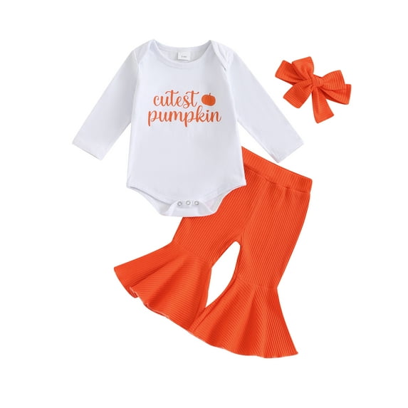 Suealasg Halloween Newborn Baby Girl Clothes 3 6 12 18 Months Infant Girl Fall Winter Outfit Long Sleeve Letter Print Romper Ribbed Flare Pants Headband Set