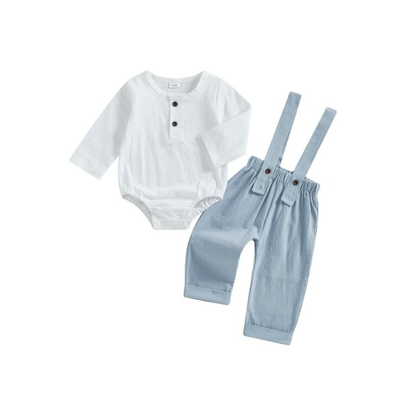 Suealasg Infant Baby Boy Gentleman Suit Outfit Short Sleeve Crew Neck Button Up Romper + Suspender Pants 2 Piece Toddler Boy Formal Clothes Set