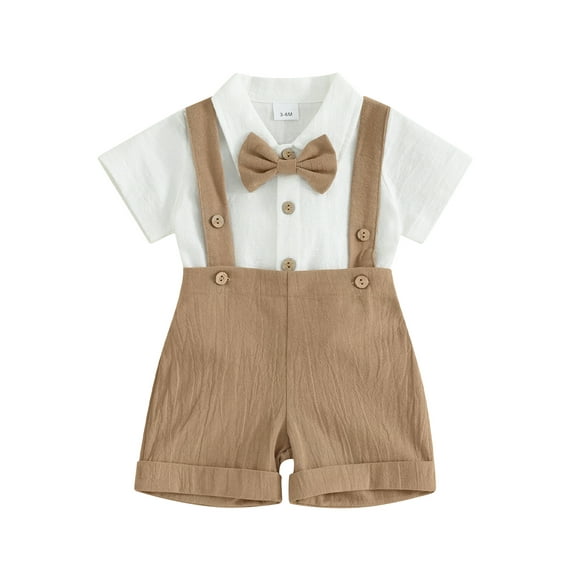 Suealasg Infant Baby Boy Gentleman Suit Outfit Short Sleeve Romper with Bow Tie Suspender Shorts 2 Piece Newborn Toddler Easter Formal Clothes Set