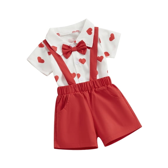 Suealasg Infant Baby Boy Gentleman Suit Outfits 2Pcs Newborn Boy Summer Valentine's Day Clothes Short Sleeve Heart Print Bowtie Rompers   Suspender Shorts Set