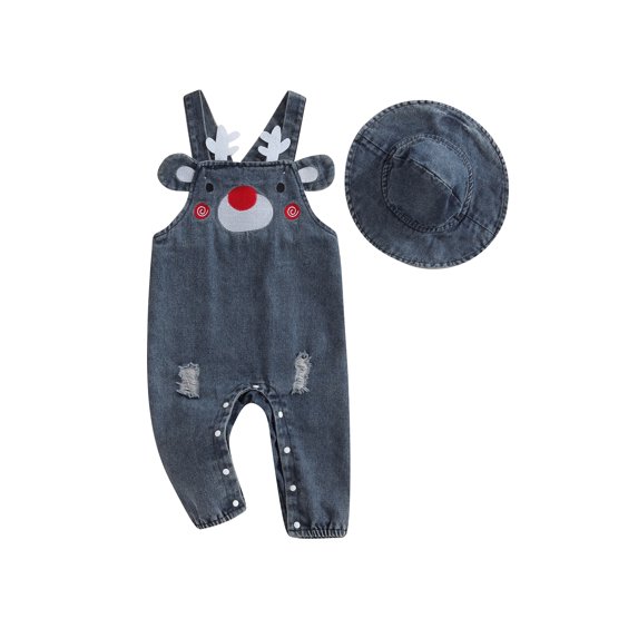 Suealasg Infant Baby Boy Girl Denim Suspender Jumpsuit Newborn Sleeveless Elk Print Overalls Hat Toddler Causal Bodysuit Clothes 0-24 Months
