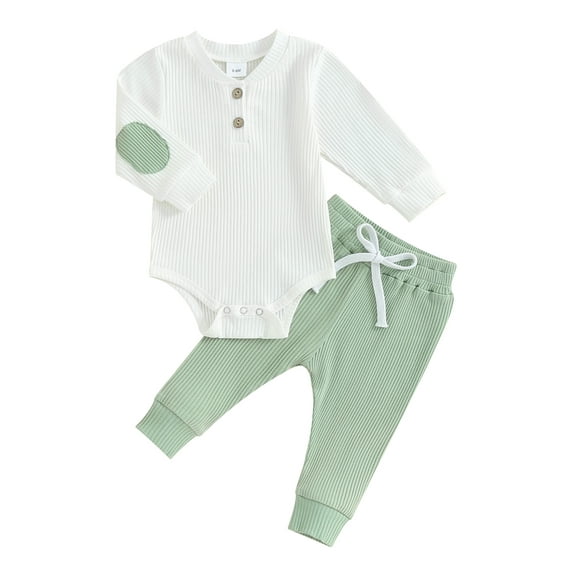 Suealasg Infant Baby Boys Fall Outfits 3M 6M 12M 18M 24M Newborn Boys Long Sleeve Ribbed Romper Sweatshirt and Elastic Waist Long Pants Casual 2Piece Autumn Set Clothes for Toddler Boys