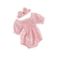 thumbnail image 1 of Suealasg Infant Baby Girl 2 Piece Spring Outfits Short Sleeve Plaid Print Smocked Romper and Headband 3M 6M 9M 12M 18M Toddler Girls Summer Clothes, 1 of 9